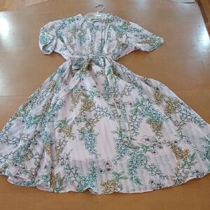 Floral Pleated Waist Tie Midi Dress - Pink